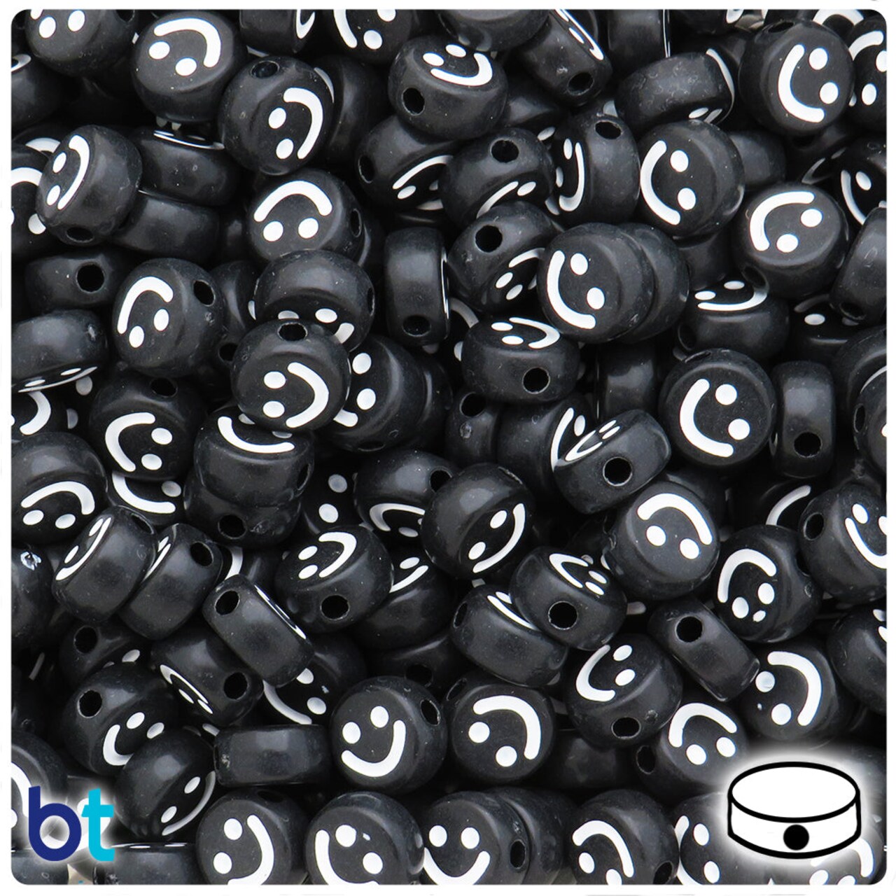 BeadTin Black Opaque 10mm Coin Plastic Alpha Beads - White Smiles (120pcs)